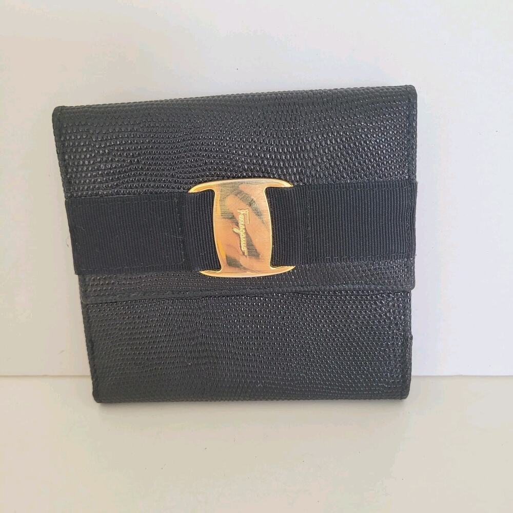 Salvatore Ferragamo Vara Wallet Snake Croc Leather Black Bifold Card Bill Belted